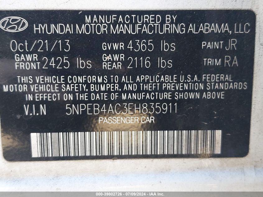 5NPEB4AC3EH835911 2014 Hyundai Sonata Gls