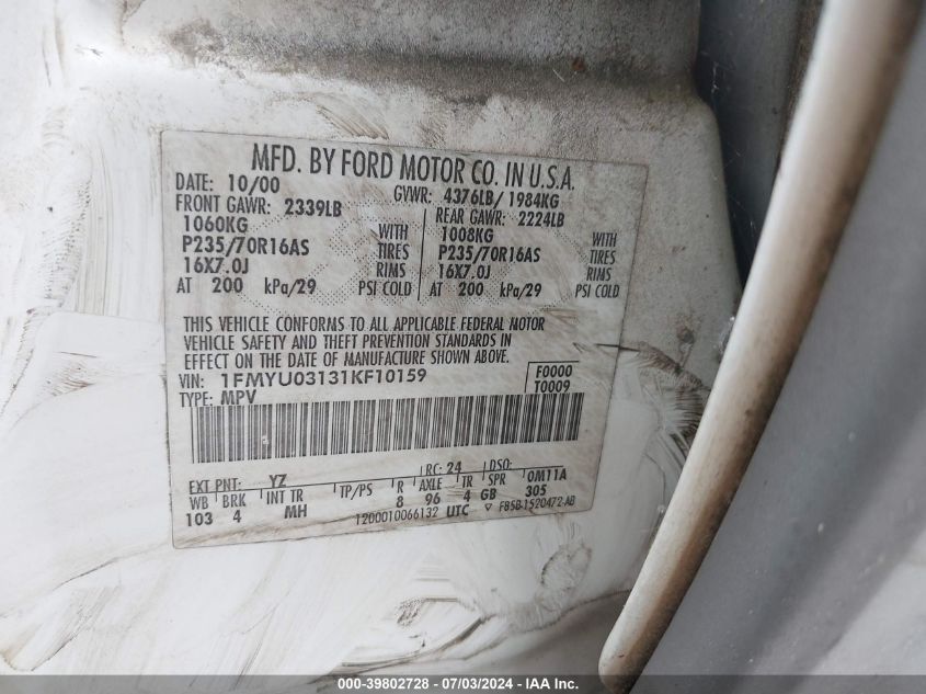 2001 Ford Escape Xlt VIN: 1FMYU03131KF10159 Lot: 39802728