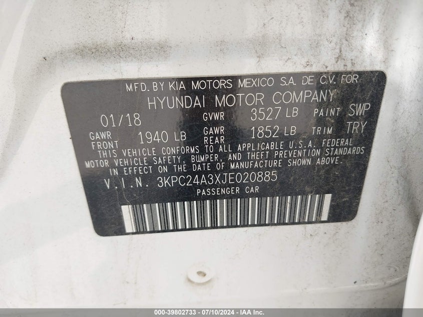 2018 Hyundai Accent Se VIN: 3KPC24A3XJE020885 Lot: 39802733