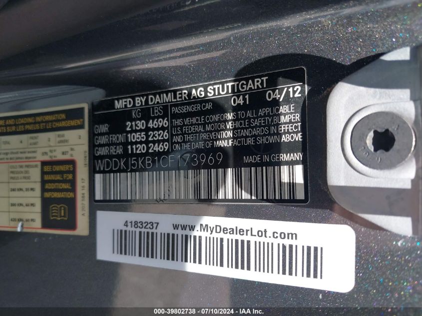 2012 Mercedes-Benz E 350 VIN: WDDKJ5KB1CF173969 Lot: 39802738