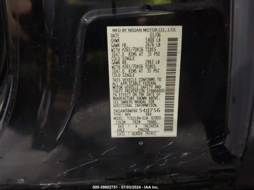 2006 Nissan Xterra S VIN: 5N1AN08W06C540756 Lot: 39802751