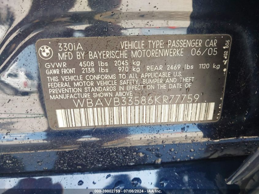 2006 BMW 330I VIN: WBAVB33586KR77759 Lot: 39802759