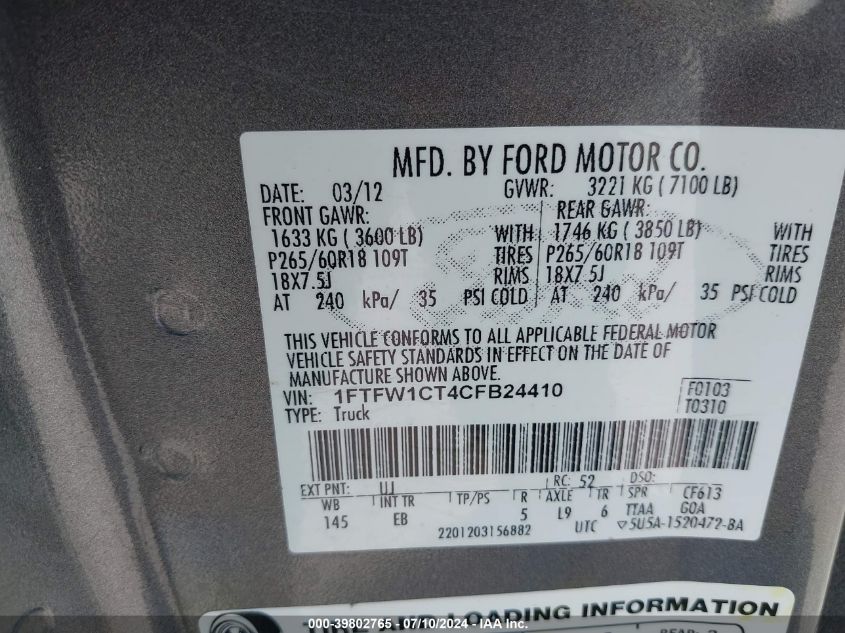 2012 Ford F-150 Lariat VIN: 1FTFW1CT4CFB24410 Lot: 39802765