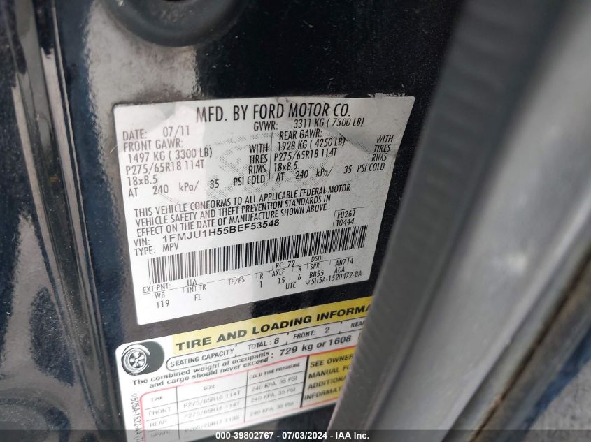 2011 Ford Expedition Xlt VIN: 1FMJU1H55BEF53548 Lot: 39802767