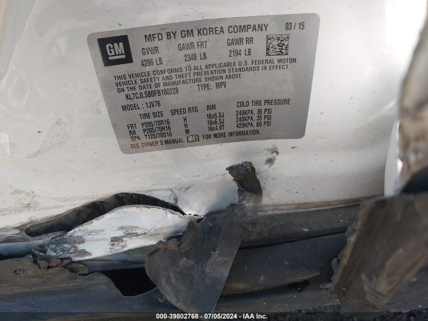 2015 Chevrolet Trax Lt VIN: KL7CJLSB0FB180228 Lot: 39802768