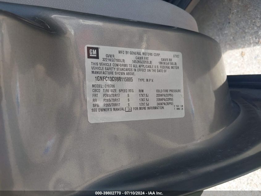 2008 Chevrolet Tahoe Ls VIN: 1GNFC13C98R115885 Lot: 39802770