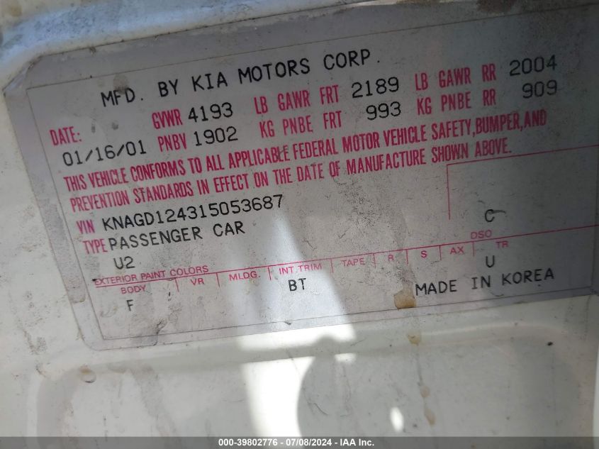 2001 Kia Optima Lx V6/Se V6 VIN: KNAGD124315053687 Lot: 39802776