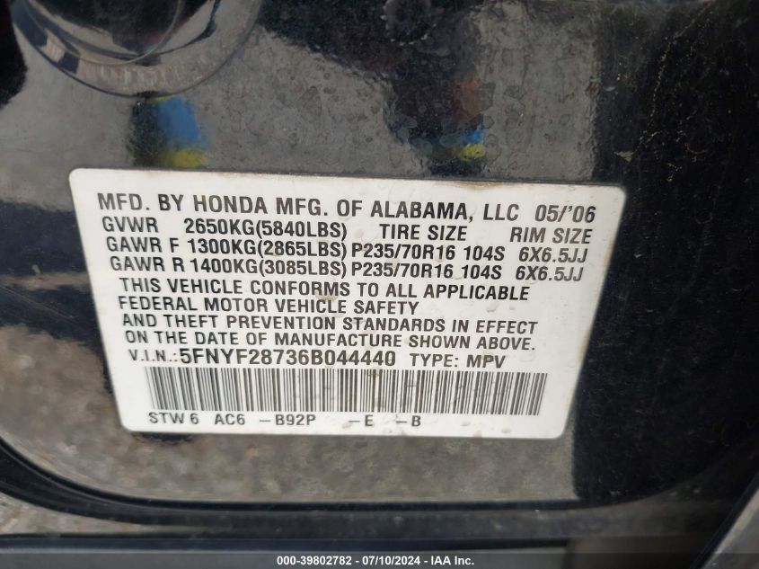2006 Honda Pilot Ex-L VIN: 5FNYF28736B044440 Lot: 39802782