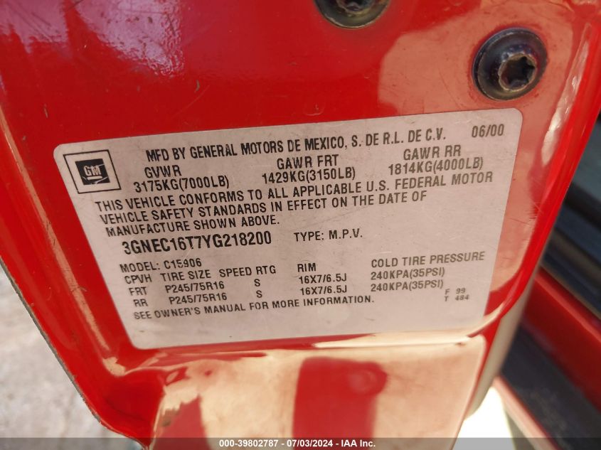 2000 Chevrolet Suburban 1500 Ls VIN: 3GNEC16T7YG218200 Lot: 39802787