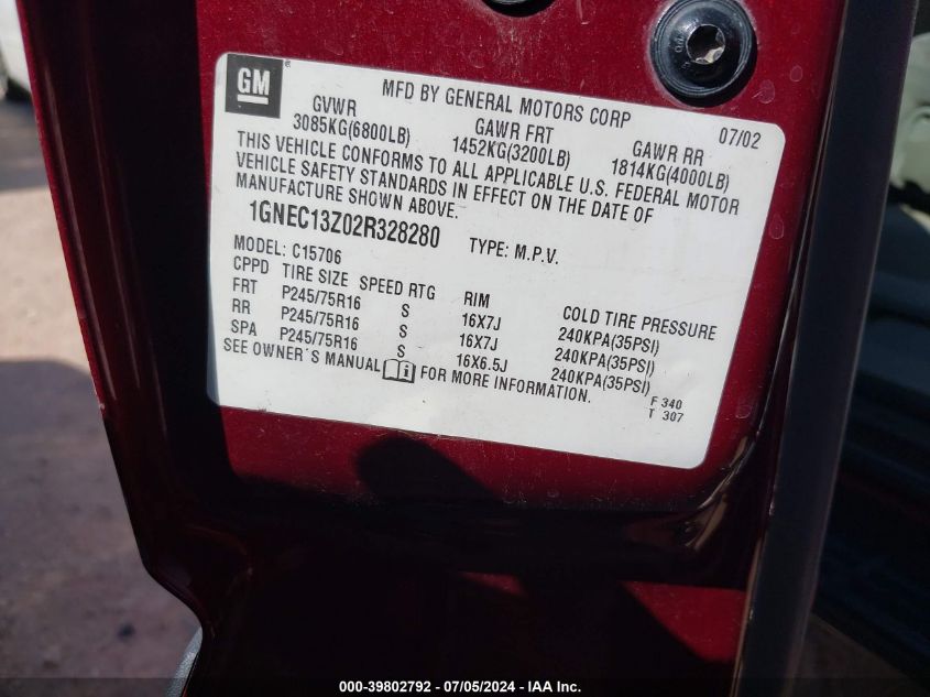 2002 Chevrolet Tahoe Ls VIN: 1GNEC13Z02R328280 Lot: 39802792