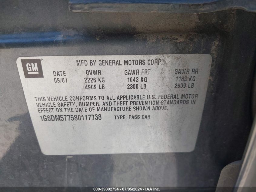 2008 Cadillac Cts Standard VIN: 1G6DM577580117738 Lot: 39802794