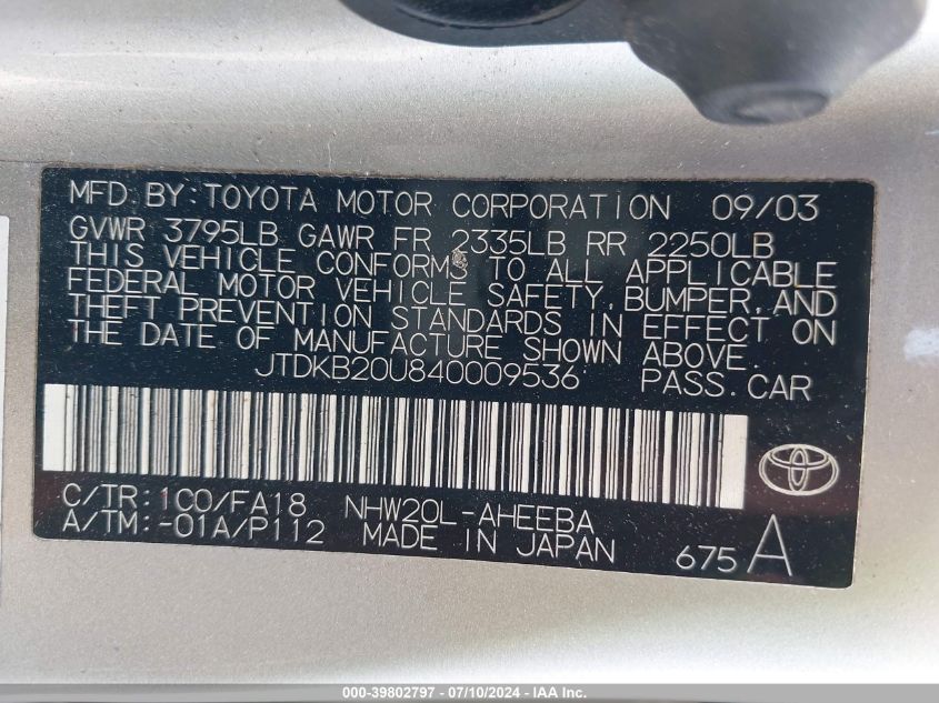 2004 Toyota Prius VIN: JTDKB20U840009536 Lot: 39802797