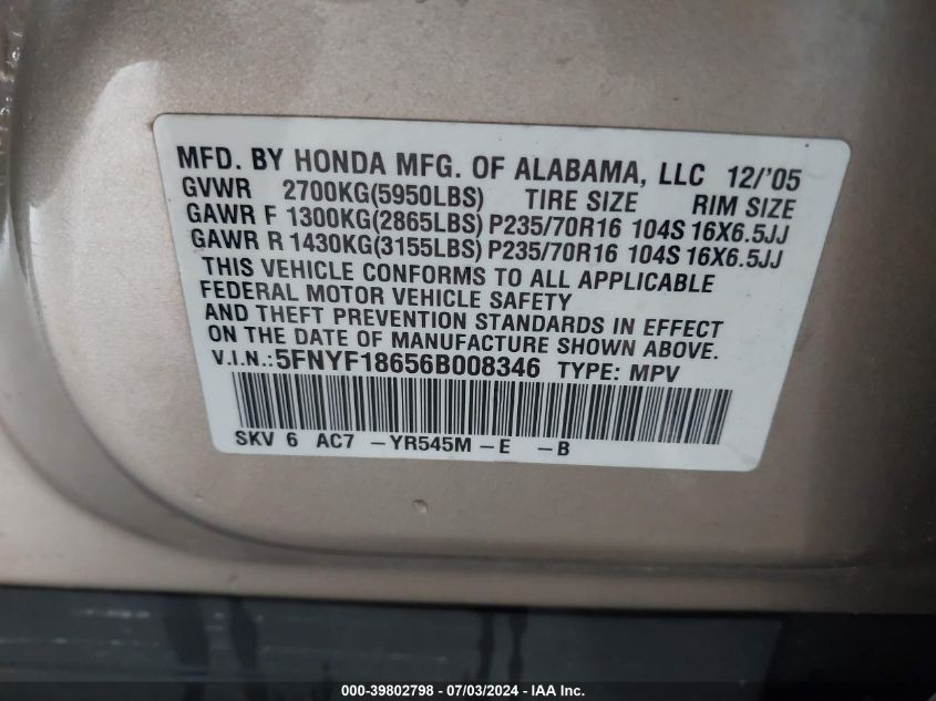 2006 Honda Pilot Ex-L VIN: 5FNYF18656B008346 Lot: 39802798