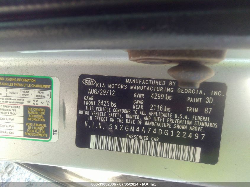 2013 Kia Optima Lx VIN: 5XXGM4A74DG122497 Lot: 39802806