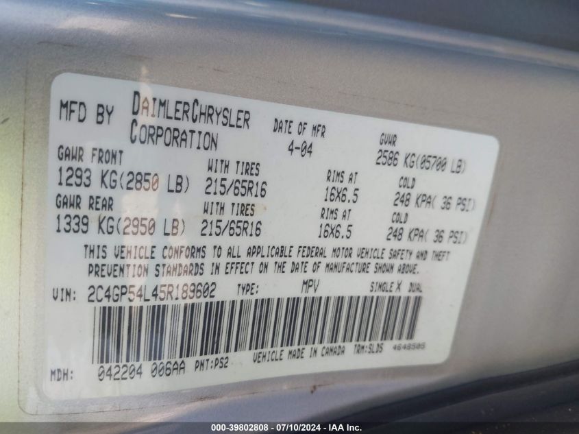 2005 Chrysler Town & Country Touring VIN: 2C4GP54L45R189602 Lot: 39802808