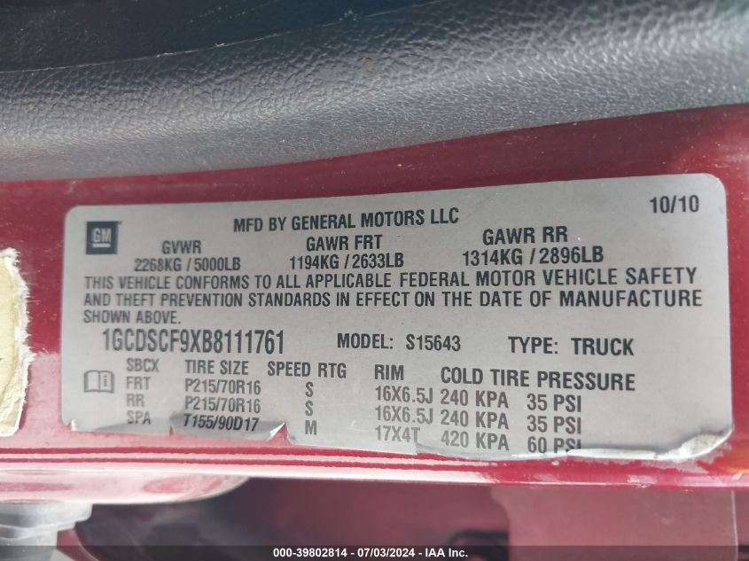 2011 Chevrolet Colorado 1Lt VIN: 1GCDSCF9XB8111761 Lot: 39802814