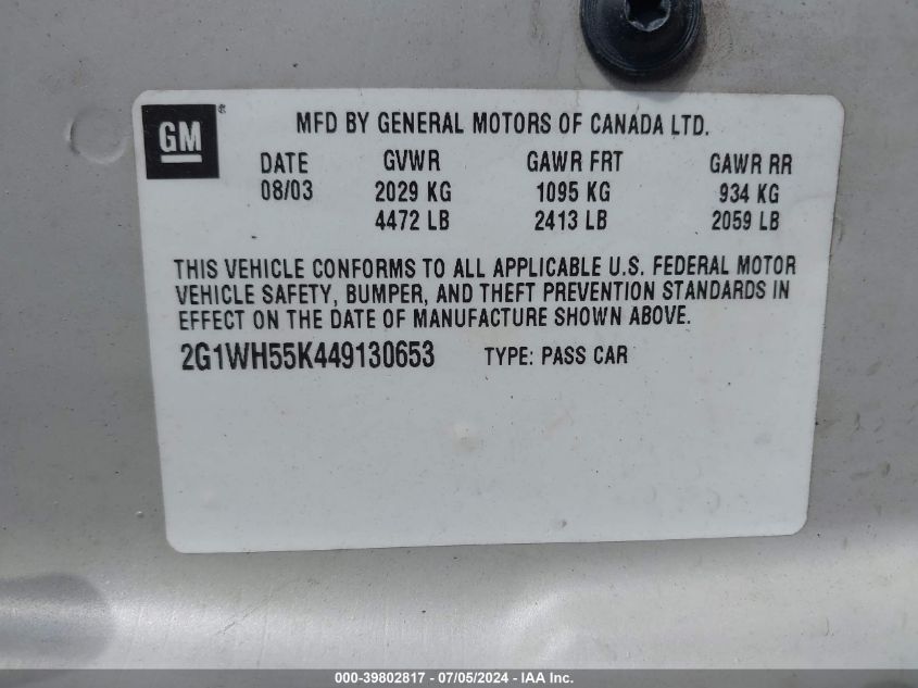 2004 Chevrolet Impala Ls VIN: 2G1WH55K449130653 Lot: 39802817