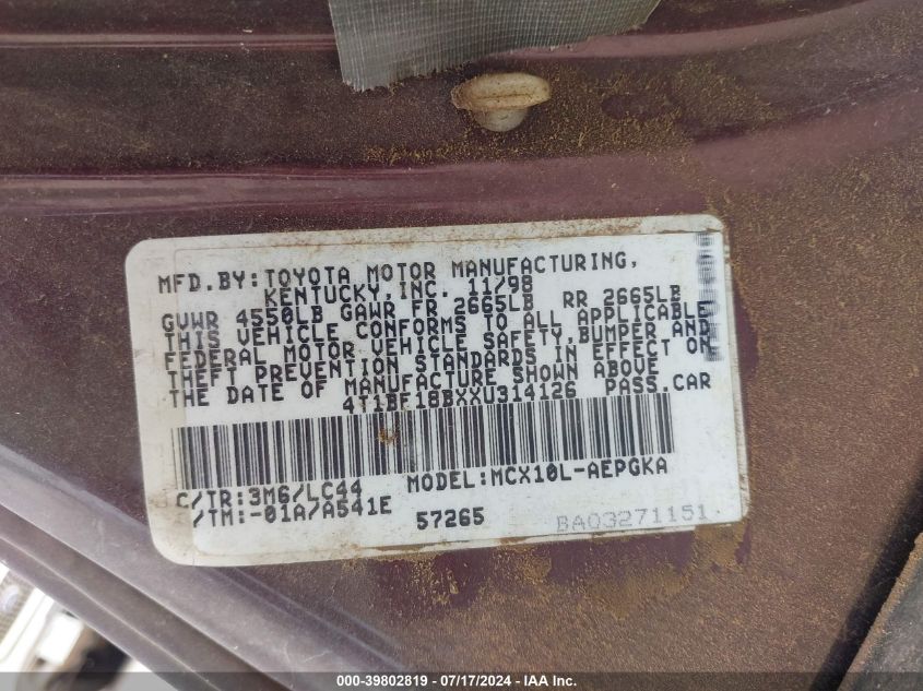 1999 Toyota Avalon Xls VIN: 4T1BF18BXXU314126 Lot: 39802819