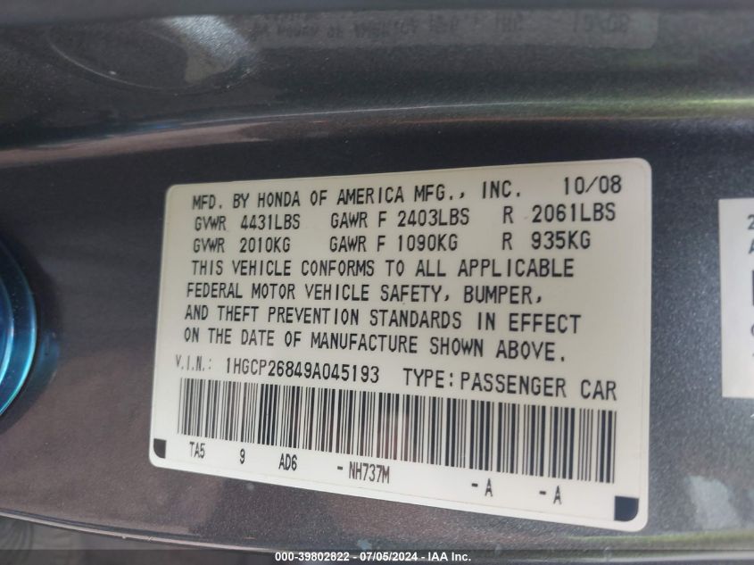 2009 Honda Accord 2.4 Ex-L VIN: 1HGCP26849A045193 Lot: 39802822