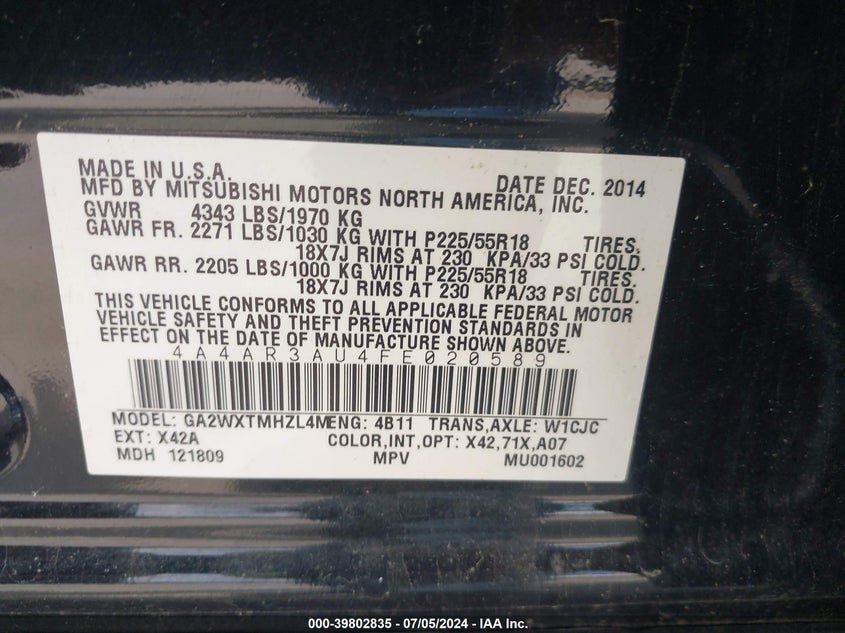 2015 Mitsubishi Outlander Sport Es VIN: 4A4AR3AU4FE020589 Lot: 39802835