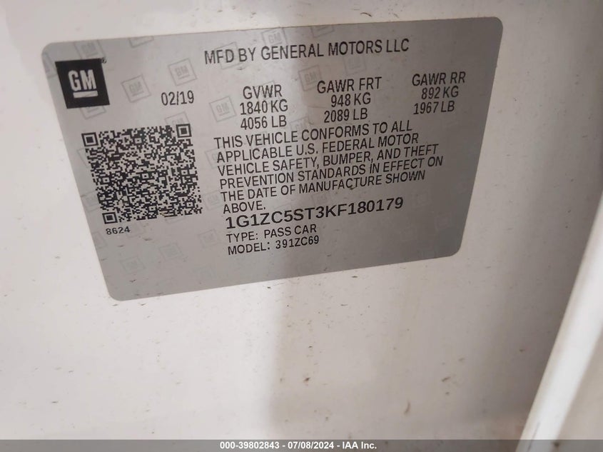 2019 Chevrolet Malibu 1Fl VIN: 1G1ZC5ST3KF180179 Lot: 39802843