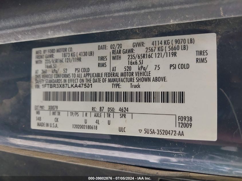 2020 Ford Transit-250 Cargo Van VIN: 1FTBR3X87LKA47501 Lot: 39802876