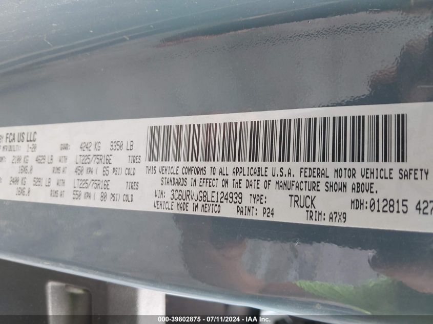 3C6URVJG8LE124939 2020 Ram Promaster 3500 Cargo Van High Roof 159 Wb Ext