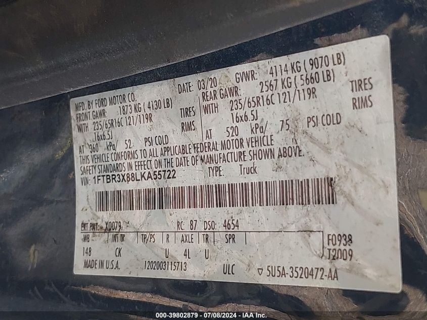 2020 Ford Transit-250 Cargo Van VIN: 1FTBR3X88LKA55722 Lot: 39802879