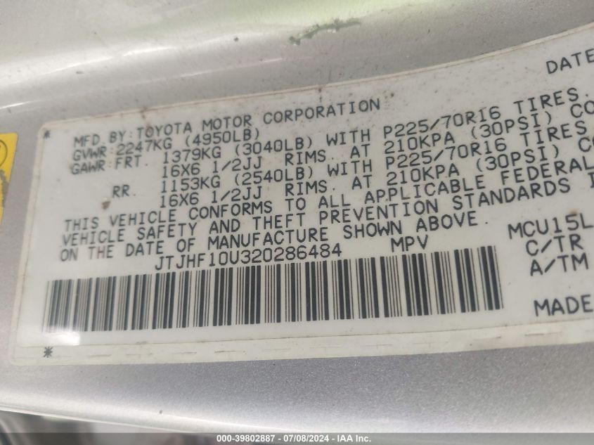 2002 Lexus Rx 300 VIN: JTJHF10U320286484 Lot: 39802887