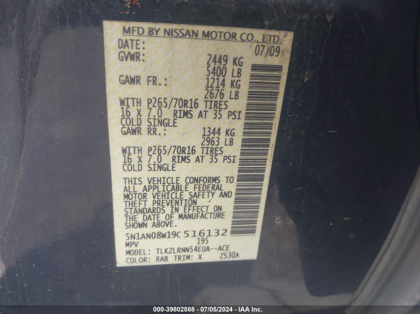 2009 Nissan Xterra S VIN: 5N1AN08W19C516132 Lot: 39802888