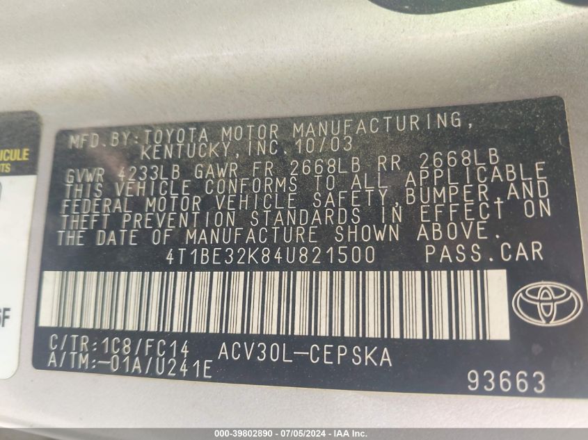 2004 Toyota Camry Se VIN: 4T1BE32K84U821500 Lot: 39802890