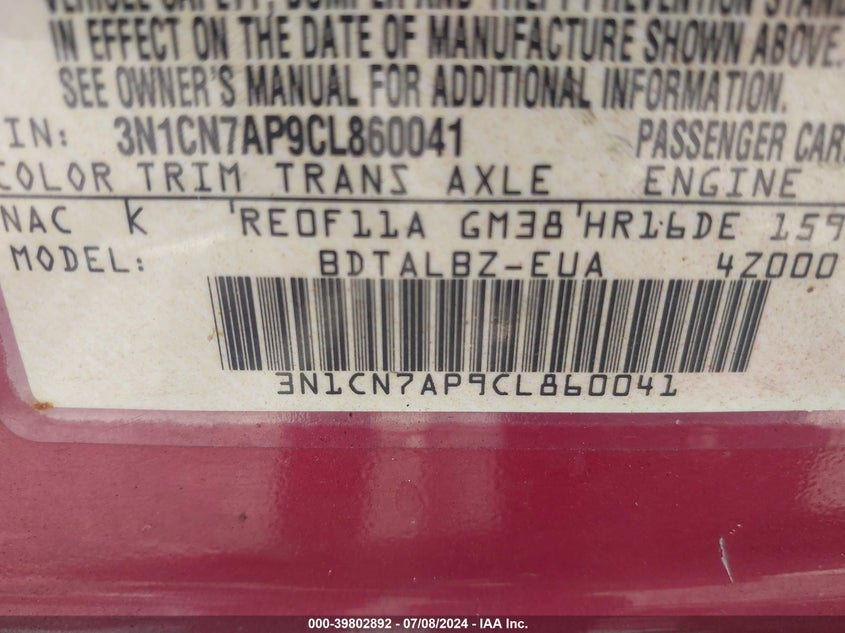 2012 Nissan Versa 1.6 Sv VIN: 3N1CN7AP9CL860041 Lot: 39802892
