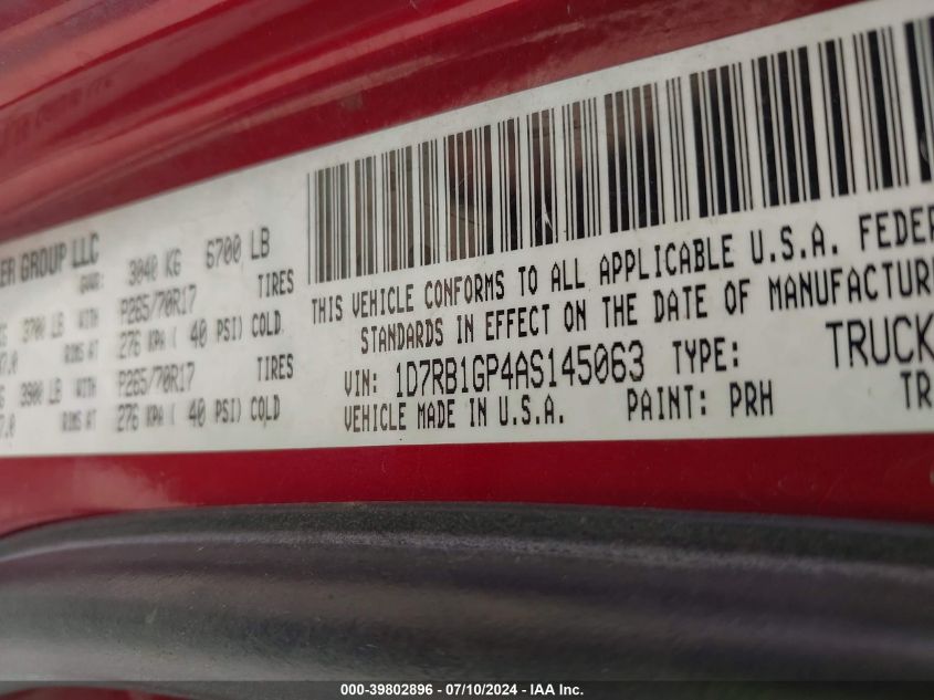 2010 Dodge Ram 1500 Slt/Sport/Trx VIN: 1D7RB1GP4AS145063 Lot: 39802896