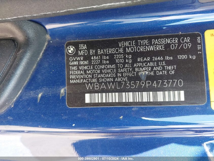2009 BMW 335I VIN: WBAWL73579P473770 Lot: 39802901
