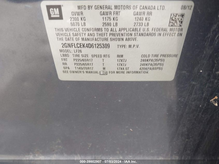 2013 Chevrolet Equinox Ls VIN: 2GNFLCEK4D6125309 Lot: 39802907