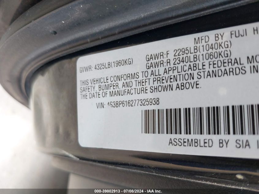 2007 Subaru Legacy 2.5I VIN: 4S3BP616277325938 Lot: 39802913
