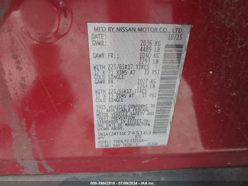 2016 Nissan Rogue S/Sl/Sv VIN: 5N1AT2MT3GC745163 Lot: 39802918