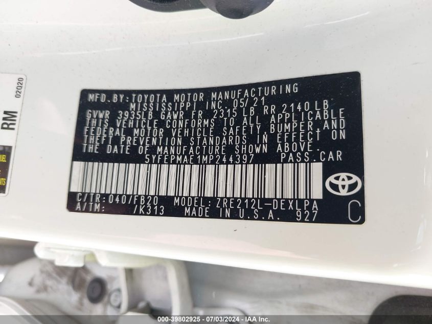 5YFEPMAE1MP244397 | 2021 TOYOTA COROLLA