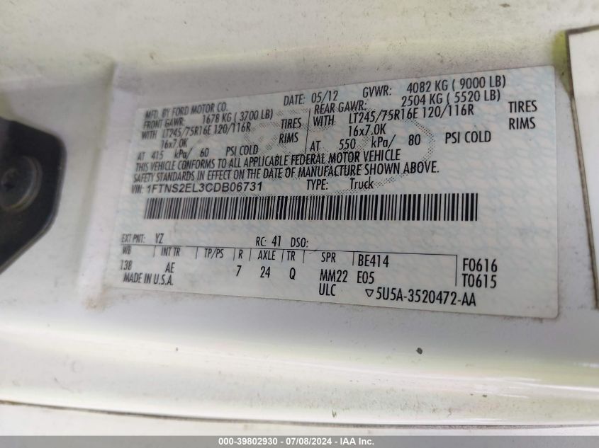 2012 Ford E-250 Commercial VIN: 1FTNS2EL3CDB06731 Lot: 39802930