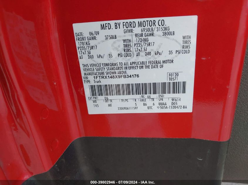 2009 Ford F150 Super Cab VIN: 1FTRX148X9FB34176 Lot: 39802946