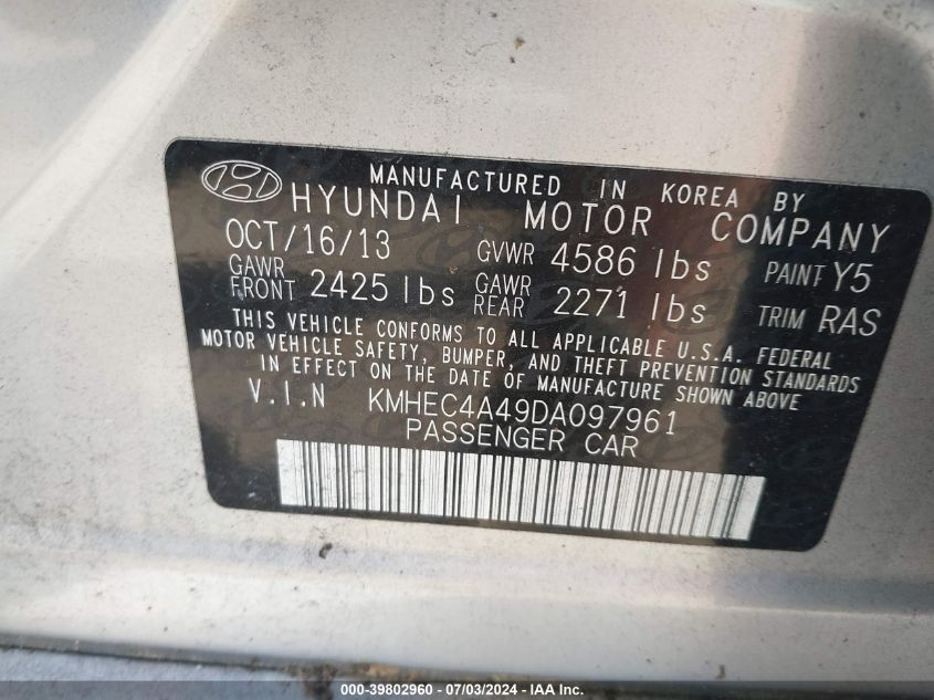 2013 Hyundai Sonata Hybrid Limited VIN: KMHEC4A49DA097961 Lot: 39802960