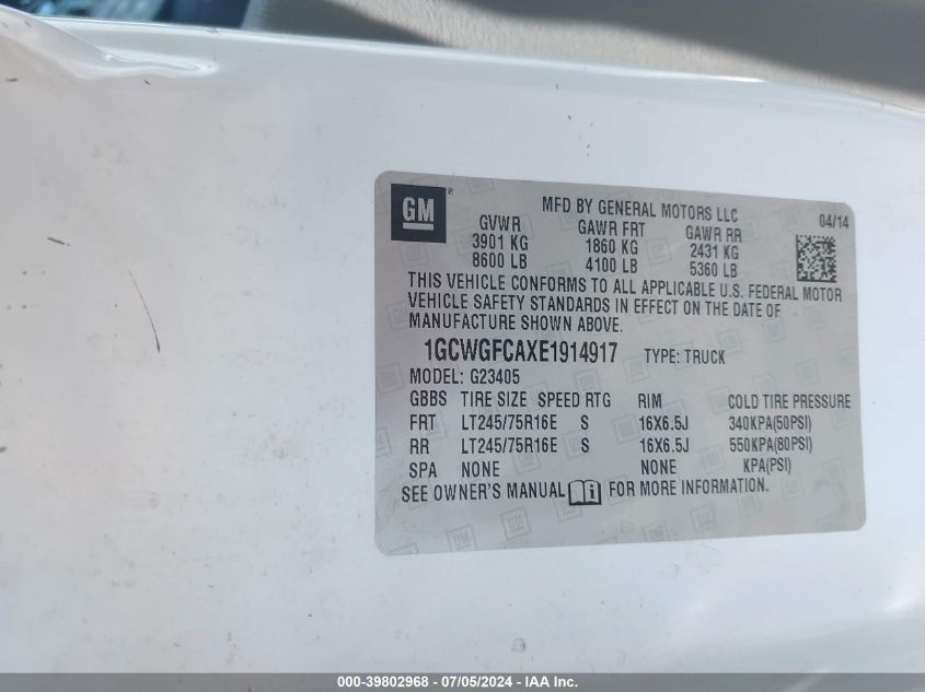 2014 Chevrolet Express 2500 Work Van VIN: 1GCWGFCAXE1914917 Lot: 39802968