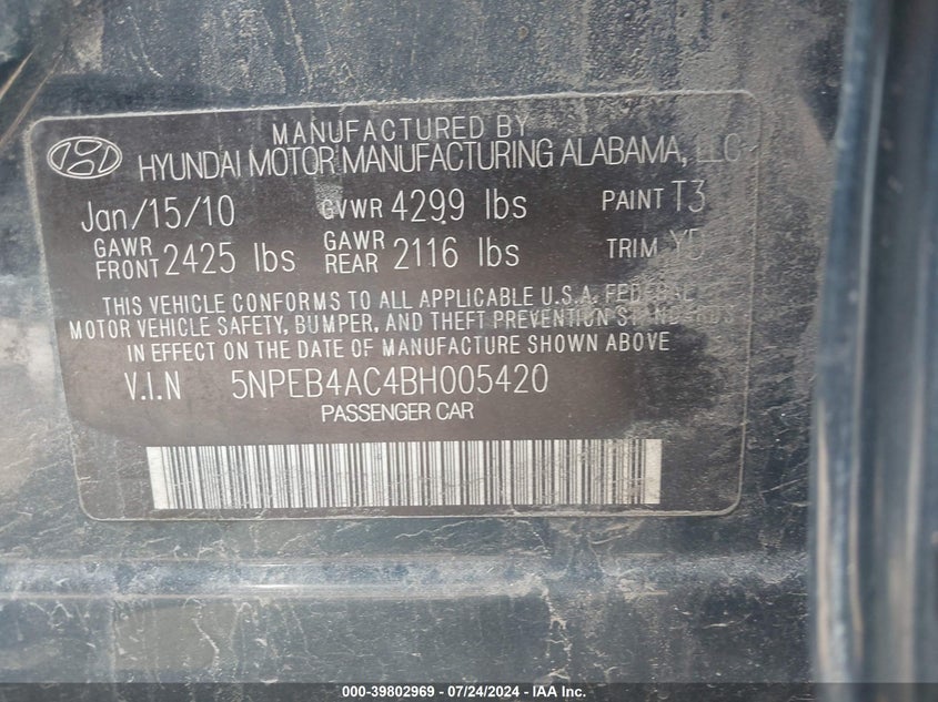 2011 Hyundai Sonata Gls VIN: 5NPEB4AC4BH005420 Lot: 39802969