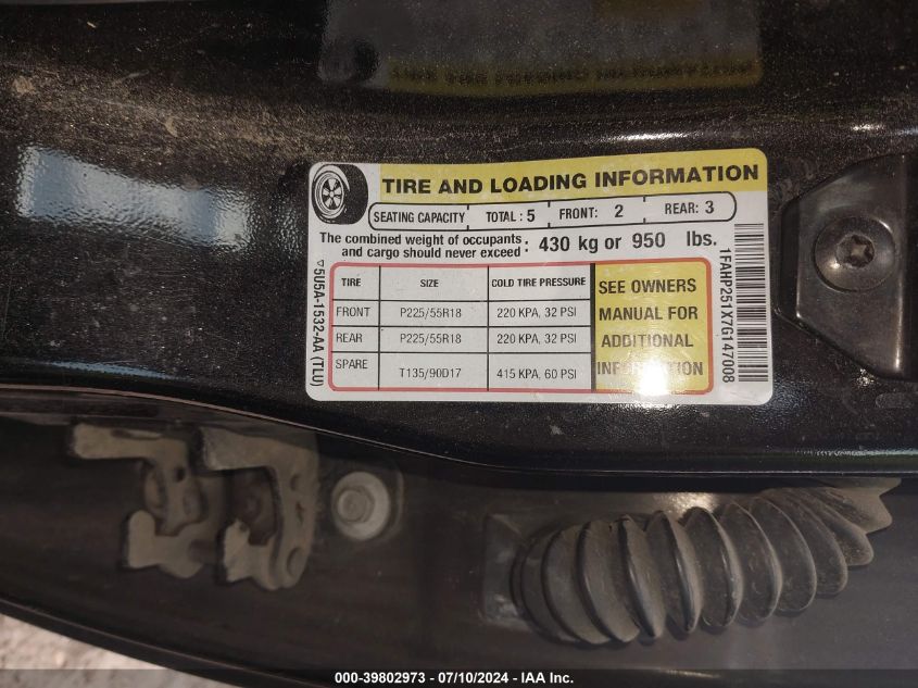 2007 Ford Five Hundred Limited VIN: 1FAHP251X7G147008 Lot: 39802973