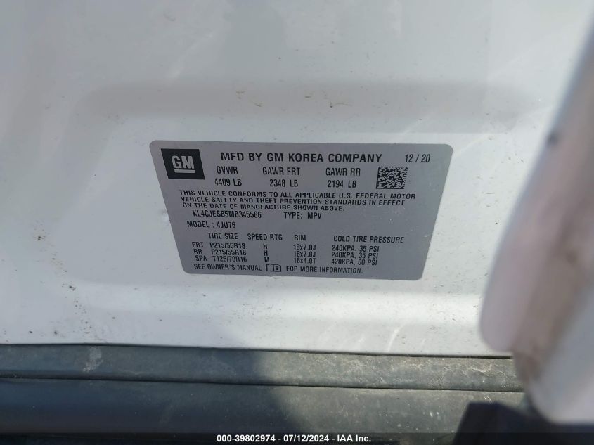 2021 Buick Encore Preferred VIN: KL4CJESB5MB345566 Lot: 39802974