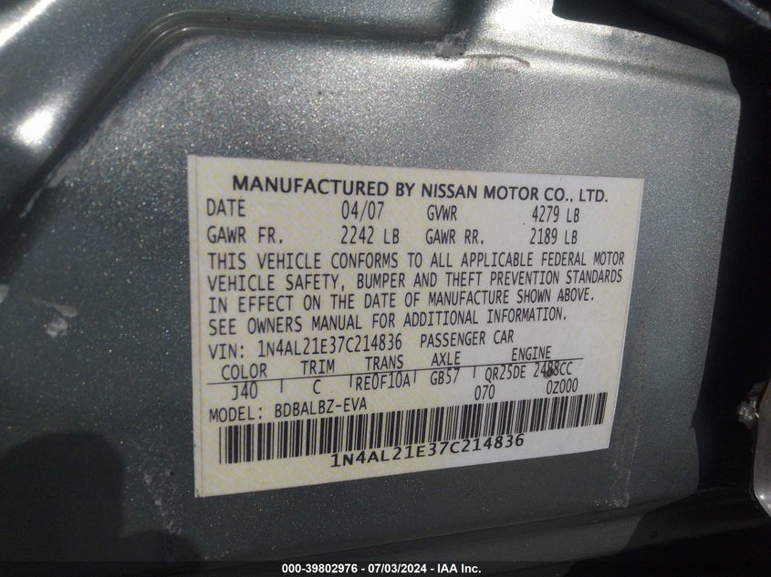 2007 Nissan Altima 2.5 S VIN: 1N4AL21E37C214836 Lot: 39802976