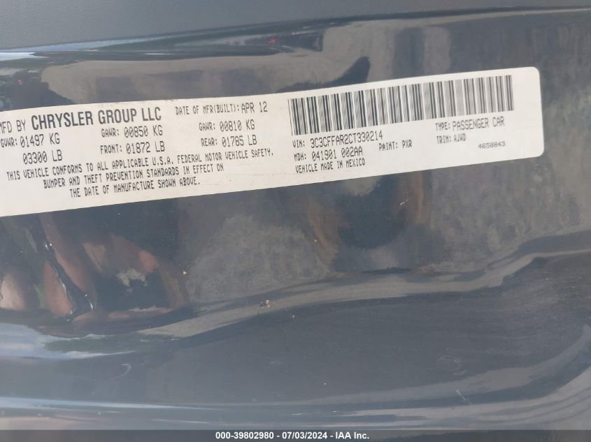 2012 Fiat 500 Pop VIN: 3C3CFFAR2CT330214 Lot: 39802980