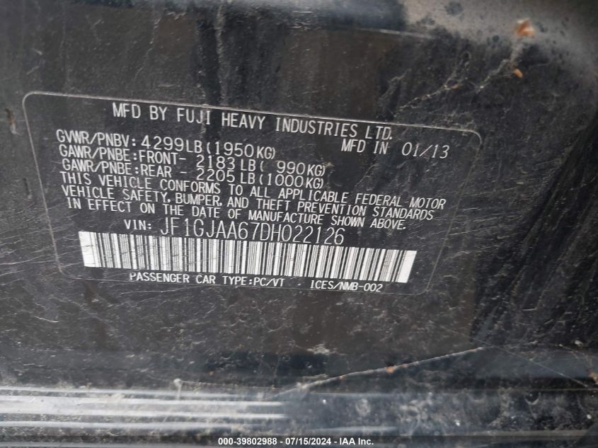 2013 Subaru Impreza 2.0I VIN: JF1GJAA67DH022126 Lot: 39802988