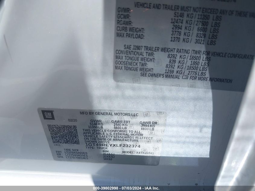2020 GMC Sierra 2500Hd 4Wd Standard Bed Denali VIN: 1GT49REYXLF232374 Lot: 39802998