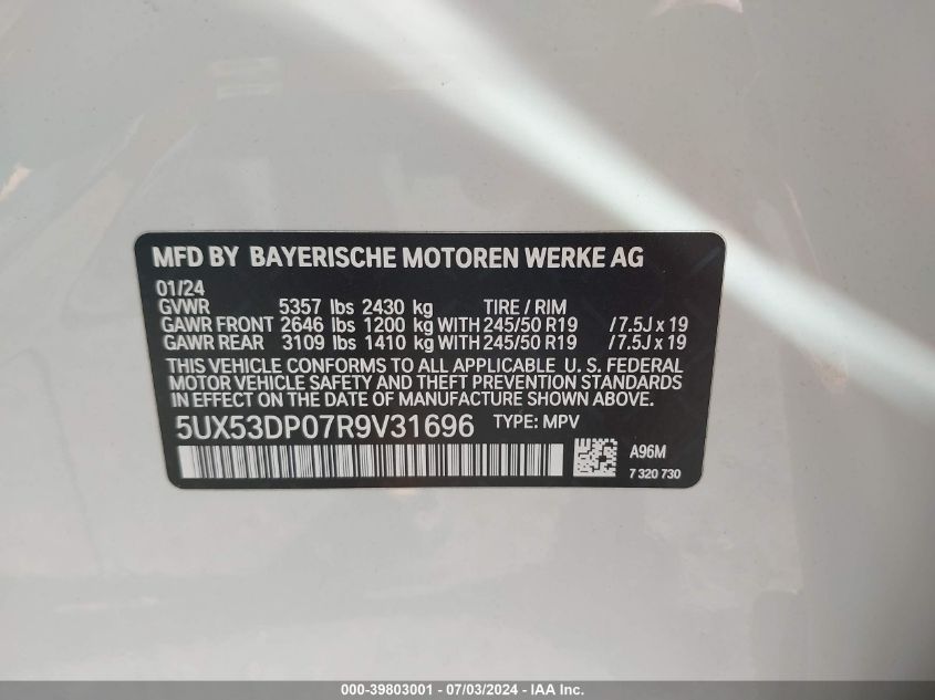 2024 BMW X3 xDrive30I VIN: 5UX53DP07R9V31696 Lot: 39803001